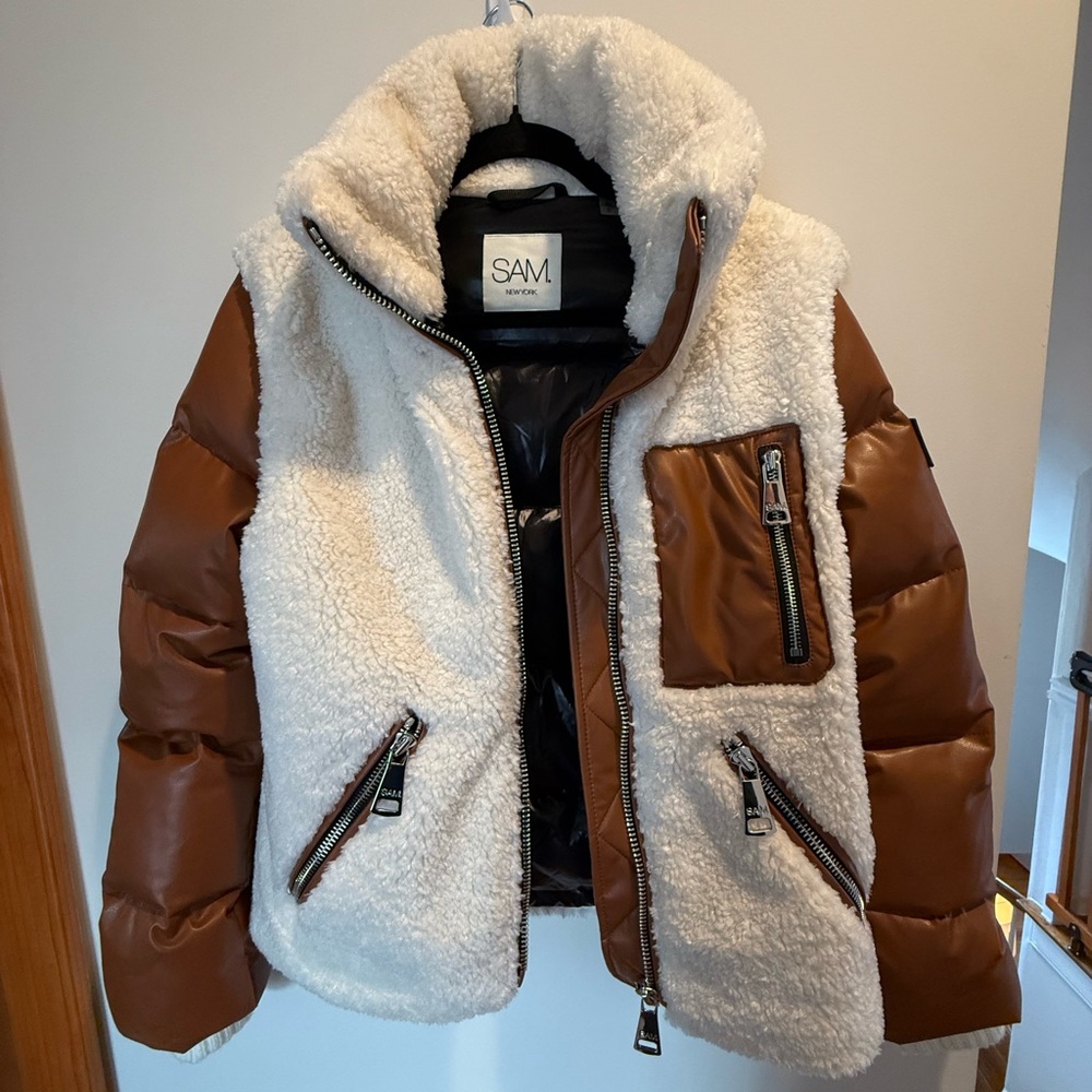 SAM. Cream Sherpa Jacket with Brown Leather-Trim Sleeves